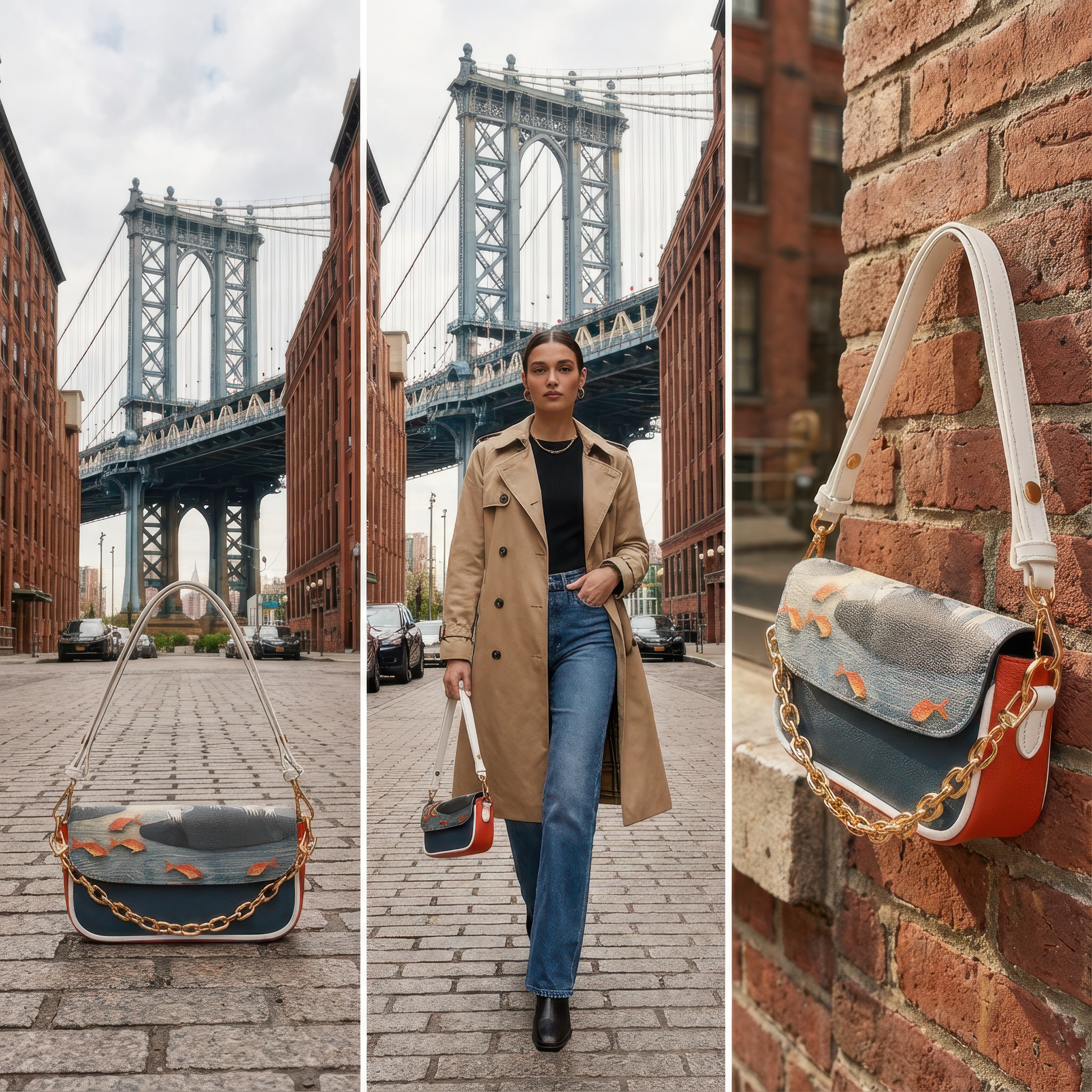 Elegant Goldfish Pond Art Crossbody Bag with White Strap & Chain Accent. - Batty