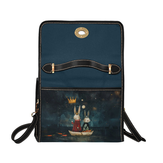 A cute leather school style bag with a comfy strap, with two bunny friends.